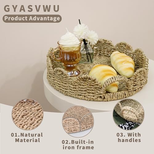 GYASVWU Seagrass Scalloped Tray with Handles,Round Rattan Serving Trays for Coffee Table,Woven Tray for Ottoman Decorative and Organizer Trays (Seagrass) - color: Seagrass