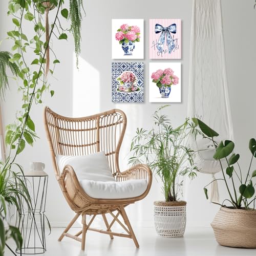 LUKIPOM Pink Chinoiserie Hydrangea Wall Art Poster, Coquette Blue Bow Grandmillennial Floral Wall Decor Gifts for Women Teen Girls Home Bedroom Living Room，8x12inin Set of 4 Unframed - color: Color 010