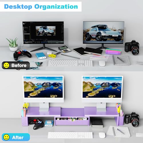 Spacrea Dual Monitor Stand Riser with Drawer and 2 Pen Holders - color: Purple