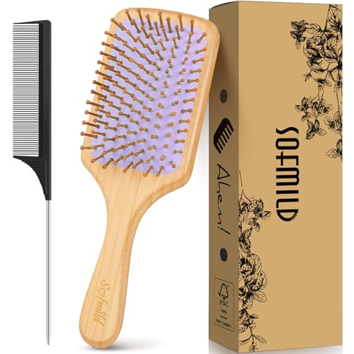 Sofmild Bamboo Hair Brush with Tail Comb, Purple Cushion Paddle Brush - color: Purple