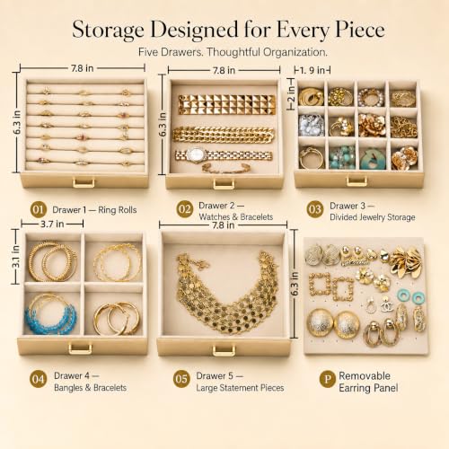 BOOVO Large Jewelry Boxes For Women (Gold, 6 Layer) - color: Gold, size: 6 Layer