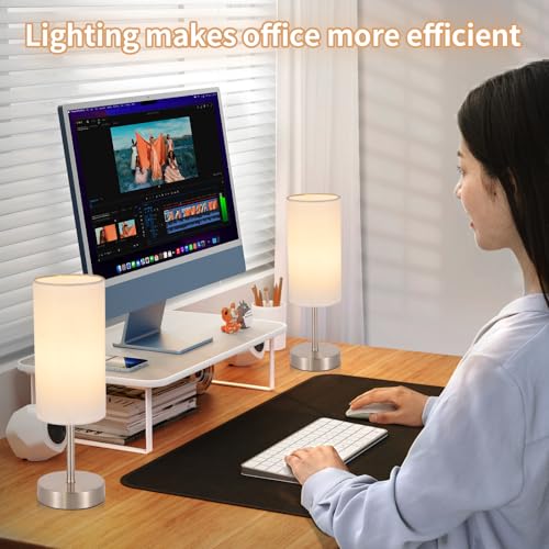 RISLG 2 Pack Small Table Lamp for Bedroom, Bedside Lamp for Nightstand, Minimalist Modern Desk Lamp with Linen Fabric Shade for Living Room, Office, Kids Room, Dorm, LED Bulb Included - color: 2 Pack White-Silver, size: 13in