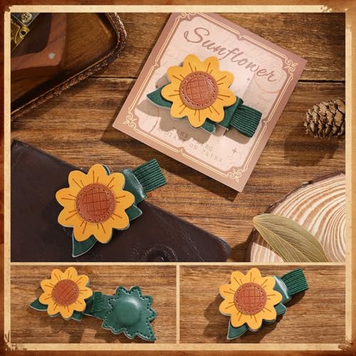 2PCS Vintage Magnetic Leather Bookmark, Leather Magnetic Bookmarks for Women,Unique Book Marks Gifts for Book Lovers， Magnetic PU Bookmarks Clip Book Accessories for Adults & Kids，Sunflower & Leaf - style: Sunflower&Leaf (with Pen Holder)