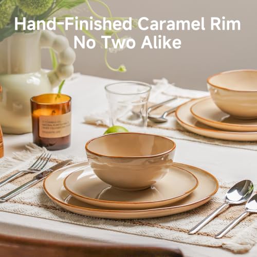 Stoneware Dinnerware Sets for 4, Reactive Glaze Plates and Bowls, Beige - color: Beige, size: Service for 4-12Pcs