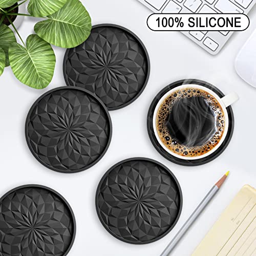 ME.FAN Silicone Coasters with Holder,[6 Pack] Drinking Coasters - Cup Mat for Hot or Cold Drinks, Thickened, Non-Slip, Non-Stick,Deep Tray Black - color: Black