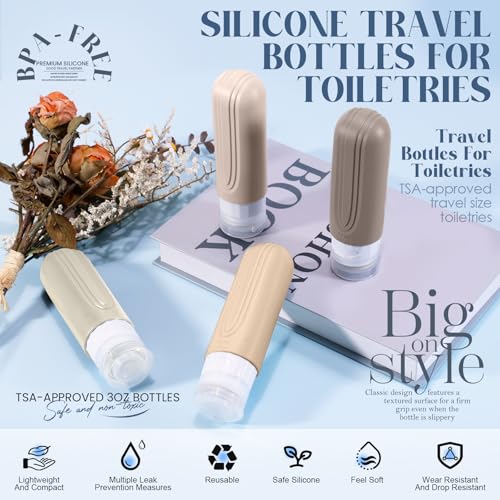 Travel Bottles for Toiletries, 3oz TSA Approved Travel Size Toiletries, Silicone Leak-Proof Refillable Containers, Squeezable Liquid Essentials Bottles W/Clear Bag (CREAM) - color: CREAM