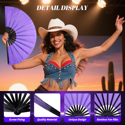 13 Inch Large Rave Fan & Clack Fan for Line Dancing - Folding Hand Fan with UV Glow for Boots on The Ground, Performance, Wedding, Party - Portable Handheld Fan for Women & Men - color: Purple*1