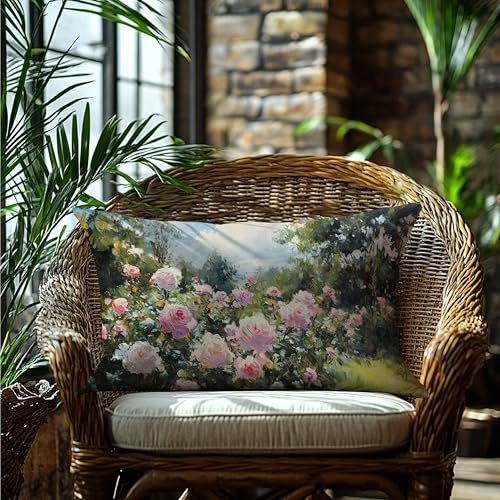 Vintage Rose Garden Nature Scene Pillow Cover 12x20 Double-Sided, Cottagecore Pink Flower Decorative Lumbar Throw Pillow Cover for Home Bedroom Living Room - color: A-rose-13, size: 20" x 12" (Pack of 1)