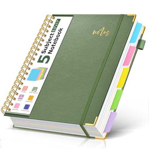 Hardcover Spiral Notebook Journal 8.5" x 11" Leather 5 Subject Notebook with Removable Dividers Tabs, 300 Pages Organizer Notebooks for Work School, College Ruled, Large Lined Journal for Women,Sage - color: Sage Green, size: A4