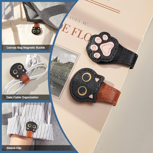 Ovesmusl 2Pcs PU Leather Cat+Paw Magnetic Bookmarks with Pen Holder - style: Cat+Paw (Brown+Black)
