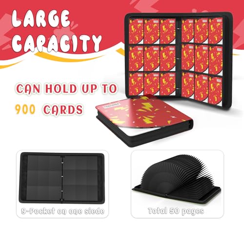 Trading Card Binder 9 Pocket,Card Binder 900 Pockets,Card Book Holder Cards with 50 Removable Sleeves,3-Ring Zip Design MTG/TCG/Sport Collectible Trading Card Albums Gifts for Boys and Girls (Red) - color: Red, size: Large