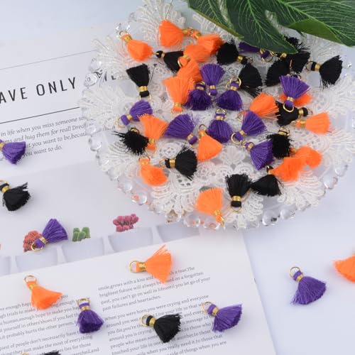 Mini Tassels Charm, 90pcs Golden Circle Purple Orange Black Mini Tiny Handmade Craft Tassels Charms for Halloween DIY Jewelry Necklace Making Accessories - color: 3 Halloween Colors-2.5cm