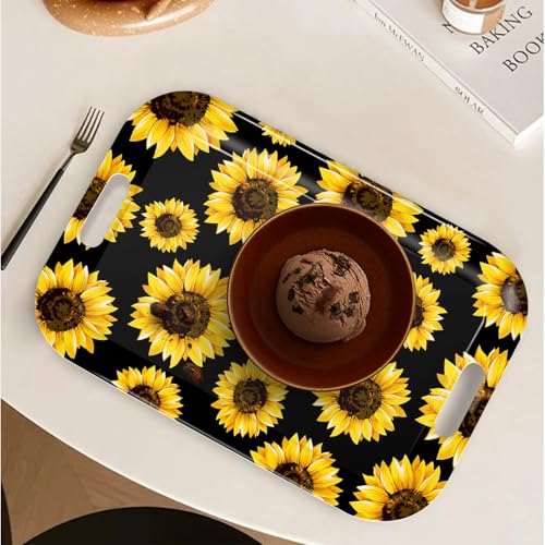 Serving Trays with Handles, 14.5 x 9.8 inch Rectangular Plastic Tray for Restaurant, Kitchen, Sunflower Black Background - color: Sunflower Black Background