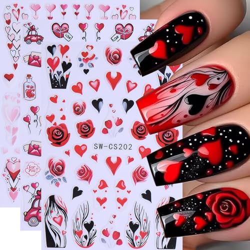 Valentine's Day Nail Art Stickers 12 Sheets 3D Self-Adhesive Heart Nail Decals with Tweezers Romantic Love Hearts Flower Lips Balloon Leopard Designs Brown Pink Slider for Women Nails Art Decoration - style: Valentine