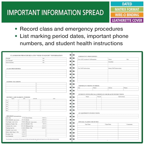 Elan Publishing Company Dated Teacher Lesson Plan 7 Period: Days Horizontally Across The Top Dated for 2026-2027 Academic Year (Green) - style: 2026 - 2027