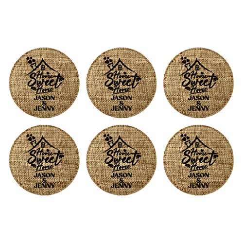 Smile Art Design Family Couple Names CUSTOM COASTER Set of 6 with base Round Burlap Material Family Name Home Sweet Home Print Personalized Gifts House warming Wedding Gift Rustic Home Decor Style11 - color: Style 11, size: Set of 6 - Round Coaster