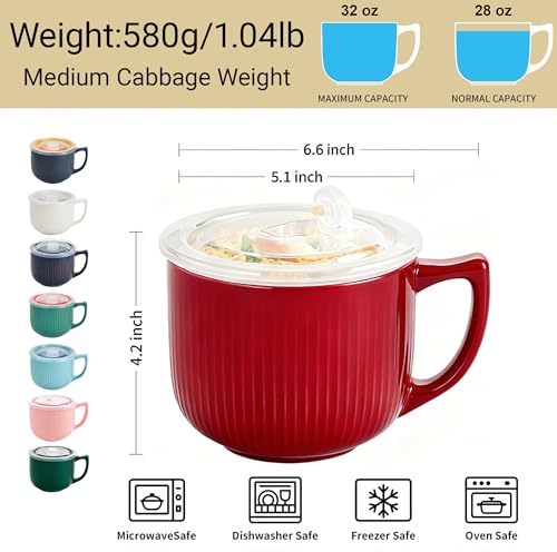 Ceramic Soup Bowl with Handle & Lid, 32oz Microwave Ramen Bowl Burgundy Red - color: Burgundy Red-32, size: 32 OZ