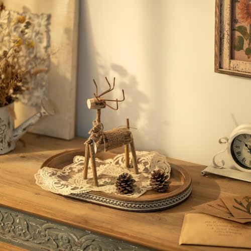 Hanobe 15" Vintage Wood Decorative Tray for Coffee Table Decor, Beaded Edge - color: Oval Brown