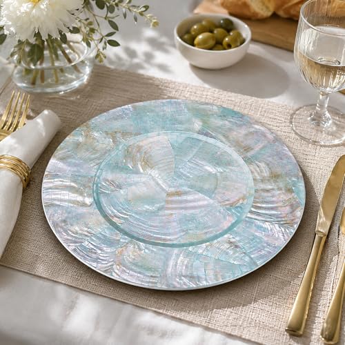 i-lan 13" Mother of Pearl Charger Plates,Shell Inlaid Wooden Décor,Set of 2 - style: Style 11
