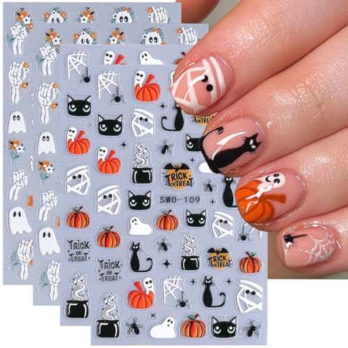 Halloween Nail Art Stickers Decals 3D Cute Ghost Black Cat Halloween Nail Stickers 4PCS Pumpkin Spider Web Skeleton Flower 3D Embossed Nail Decals Manicure Sliders for Women Nail Art Decorations - style: style1