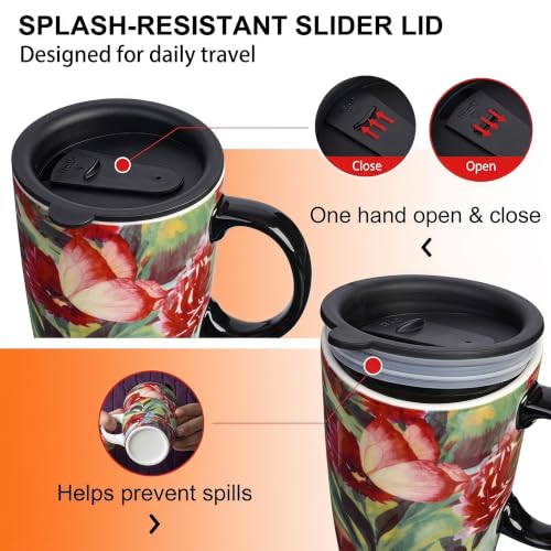 Topadorn 17oz Ceramic Travel Mug with Lid, Botanical Floral Coffee Mug - color: Butterfly and Butterfly