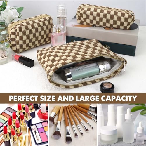 3 Pcs Makeup Bag Cosmetic Bag Set for Girls Women Checkered Travel Organizer Bathroom Toiletry Pouch Large Capacity Storage Bag (Brown) - color: Brown