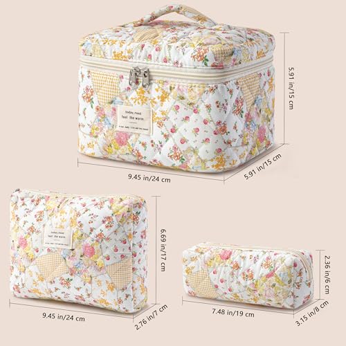 HBselect Quilted Makeup Bag, 3Pcs Cotton Large Travel Makeup Bags Organizer - color: A-3PCS-Floral 37