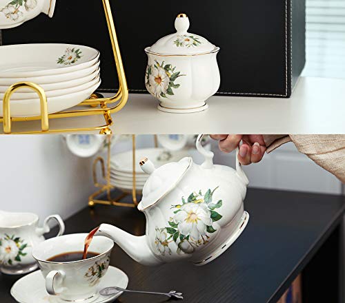 CHENP.HMC Porcelain Tea Cup Set 22-Piece Ceramic Coffee Tea Sets (Camellia) - color: White Green