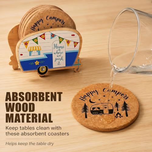Cool Happy Camper RV Coasters Set of 4 with Holder - color: New Blue