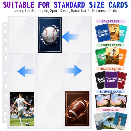 9 Pocket Page Protectors,Double-Sided Trading Card Sleeves for 11 Ring Binder,Acid-Free Baseball Cards Holder, Protective Pages Sheets for Collectible Games, Sports Cards(100PACK, Clear, Side-Loading) - color: Clear, size: Side-Loading