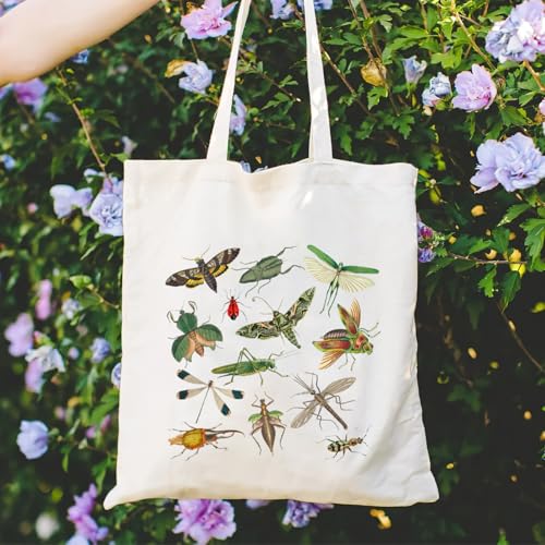 Canvas Aesthetic Tote Bag for Women with Inner Pocket Totes Shoulder Book Bag Shopping Reusable Grocery Bags - color: Bugs Pattern