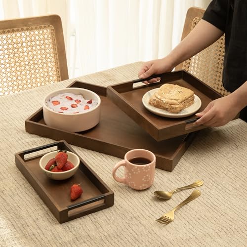 Ellementry Wooden Serving Tray Set – Decorative Tray for Coffee Table, Kitchen & Dining, Serving Platters, Breakfast & Snack Tray - color: Brown