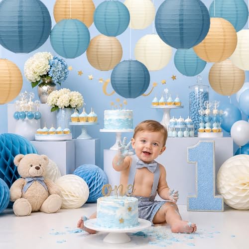 15 Pack Dusty Blue Paper Lanterns with String, 6/8/10 Inches - color: Dusty Blue, Light Blue, Ivory, Kraft, Taupe