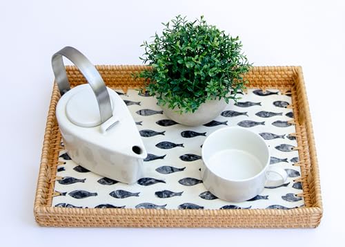 Magenta & Teal Decorative Rectangle Rattan Serving Tray 13x9 inch Mother of Pearl Inlay, Wicker Coffee Table Decor, Farmhouse (Navy Fish) - color: Navy Fish