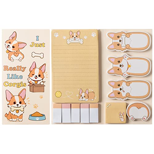 Xqumoi I Just Really Like Corgis Sticky Notes Set, 550 Sheets, Cute Cartoon Corgis Butt Self-Stick Notes Pads Animal Divider Tabs Bundle Writing Memo Pads Back to School Office Supplies Small Gift - color: 1pack-corgi