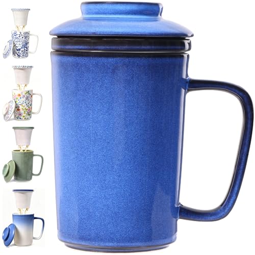 Ceramic Tea Mug with Infuser and Lid,16oz Porcelain Loose Leaf Tea Cup with Large Handle,Metal-Free Filter,Microwave &Dishwasher Safe,Perfect for Tea,Coffee (Vintage Blue) - color: Vintage Blue