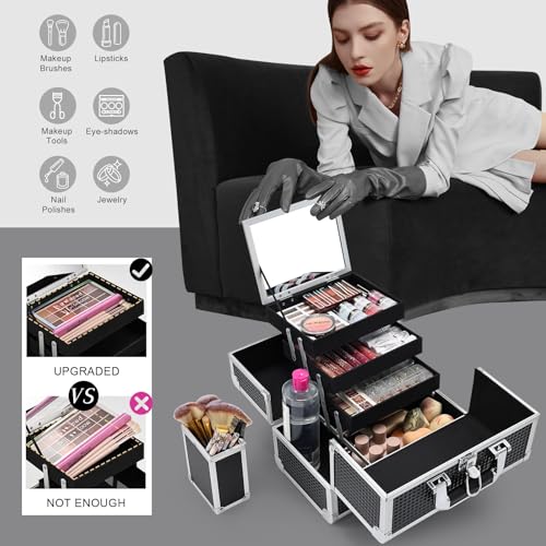 Joligrace 3-Tray Makeup Case with Mirror & Brush Holder, 11.6" Shine Black - color: Classy Black