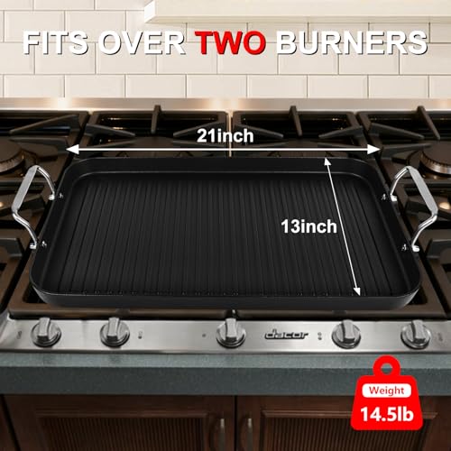 21" x 13" Cast Iron Double Burner Griddle, Non-Stick Stovetop Griddle Pan - size: 21" x 13" x 1"