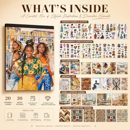 Black Girl Sticker Book - Aesthetic Scrapbook Supplies for Journaling, Planners, Laptops, Water Bottles, Phone Cases & DIY Craft Gifts - color: Girl
