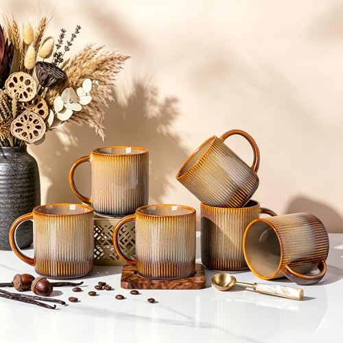theterra Ceramic Coffee Mugs Set of 6, 14.2 oz Coffee Cups with Handle - color: Creamy Amber, size: 14 OZ (Set of 6)
