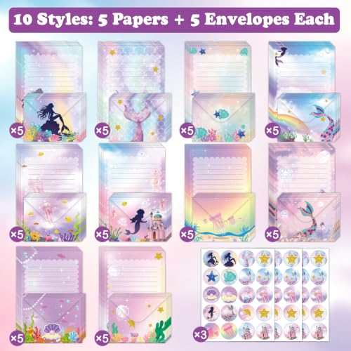 FUNCLASS 160 Pcs Mermaid Stationery Set Letter and Envelopes - color: Mermaid
