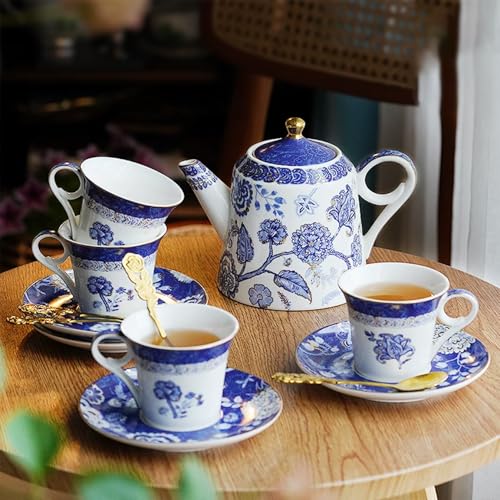 Bone China Tea Set for Adults, 13-Piece Blue and White Porcelain Tea Set for 4, Vintage Floral Tea Set With Teapot and Teaspoons, Tea Party Sets for Women Gift (Blue B) - color: Blue B