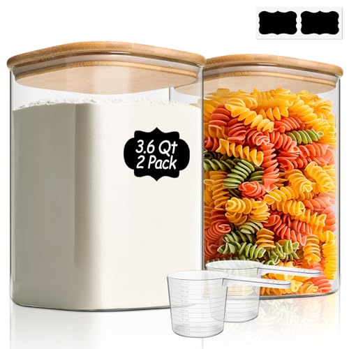 ComSaf Glass Storage Jars with Bamboo Lids 3.6 Qt 2 Pack Large Wide Mouth - color: 3.6Qt-Square-2 Pack