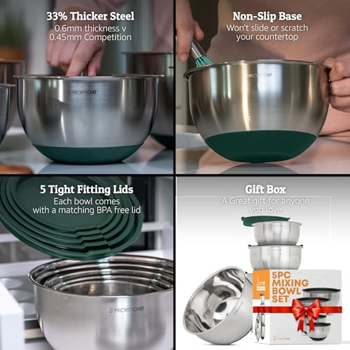 Priority Chef Premium Mixing Bowls With Airtight Lids Set, Thicker Stainless Steel Mixing Bowl Set, Large Prep Metal Bowls with Lids, Nesting Bowls for Kitchen, 1.5/2/3/4/5 Qrt, Green - color: Green