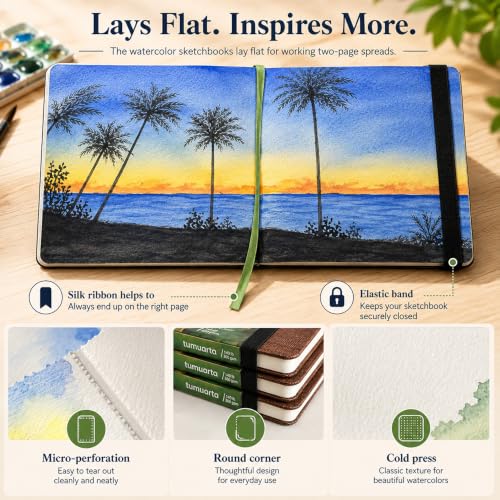 tumuarta Watercolor Journal,140 LB, 300 GSM, Cotton Paper, Cold Press, 24 Sheets, 48 Pages, Watercolor Paper Sketchbooks for Use As Travel Notebook and Mixed Media Pad, 5.5x5.5 - color: Green, size: 5.5x5.5"