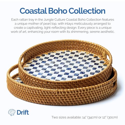 JUNGLE CULTURE Round Rattan Tray with Mother of Pearl Inlay • Drift 12” - color: Drift, size: 11.8"
