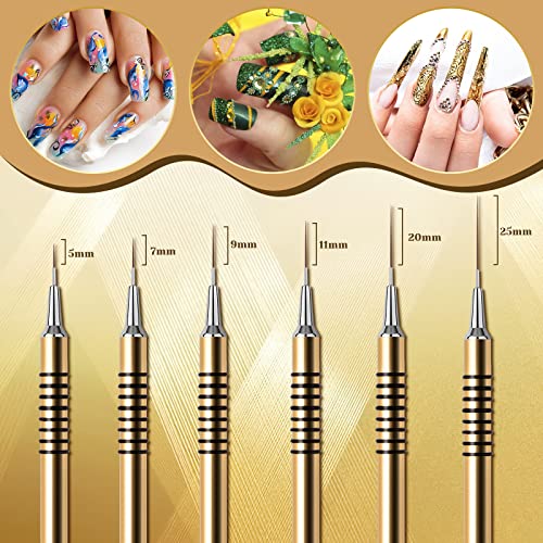 Nail Art Liner Brushes Set, 6Pcs Nail Art Design Brush Striping Thin Long Lines Dotting Drawing Pen, UV Gel Polish Painting Metal Handle Striper Brushes Size 5/7/9/11/20/25mm - color: Gold