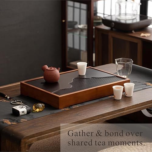 Bamboo Tea Tray & Table Set - Chinese Gongfu Tea Serving Tray with Tea Brush, Compact & Portable (11.8 Inch) - color: Black Brown