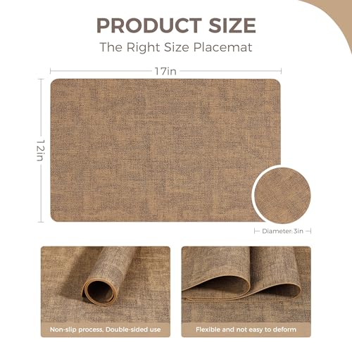 NCUE Vinyl Placemats Set of 6, 17"x12" Wipeable Place Mats with Coasters - color: Light Brown, size: Set of 6