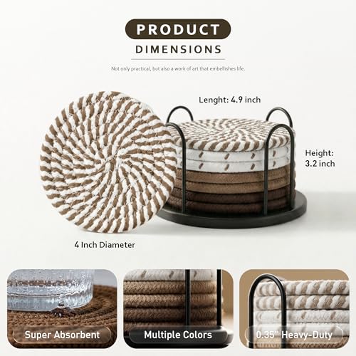Lazebox Coasters Set of 8 for Drinks, 4 Inch Large Coasters for Coffee Table, Tabletop Protection for Hot & Cold Drinks, Versatile Coasters for Home Decor, Non-Slip & Easy to Clean, Brown - color: Brown